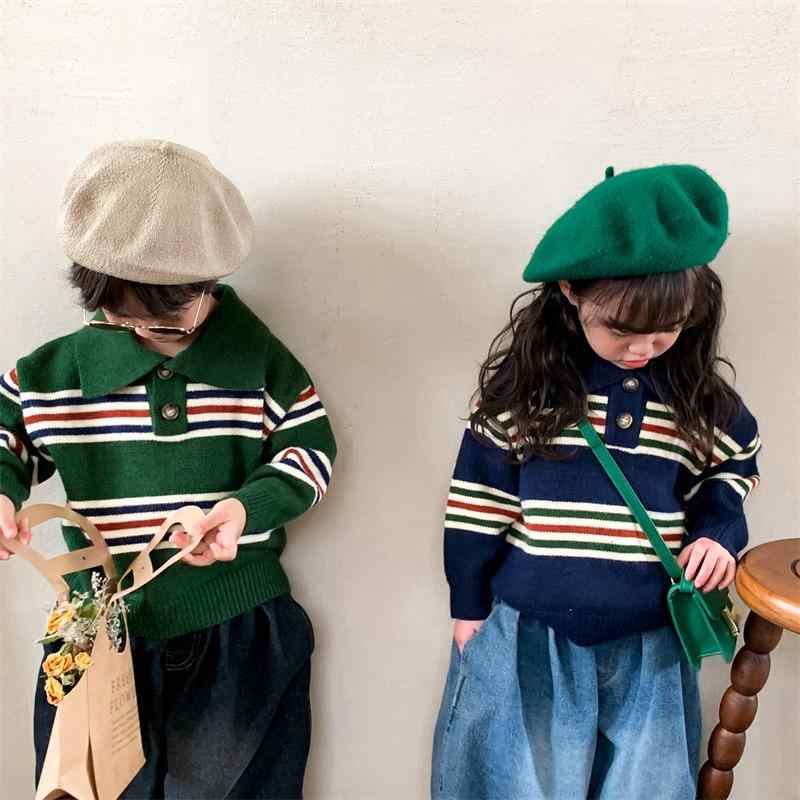 ニット キッズ 女の子 ベビー 子供 秋冬 ストライプ ボーダー 襟付き ポロシャツ風 レトロ 森ガール風 ..
