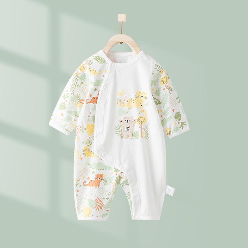 カバーオール ベビー ロンパース 新生児 男女兼用 夏用 薄手 綿100% 前開き ボタン 長袖 無縫製 フラッ..