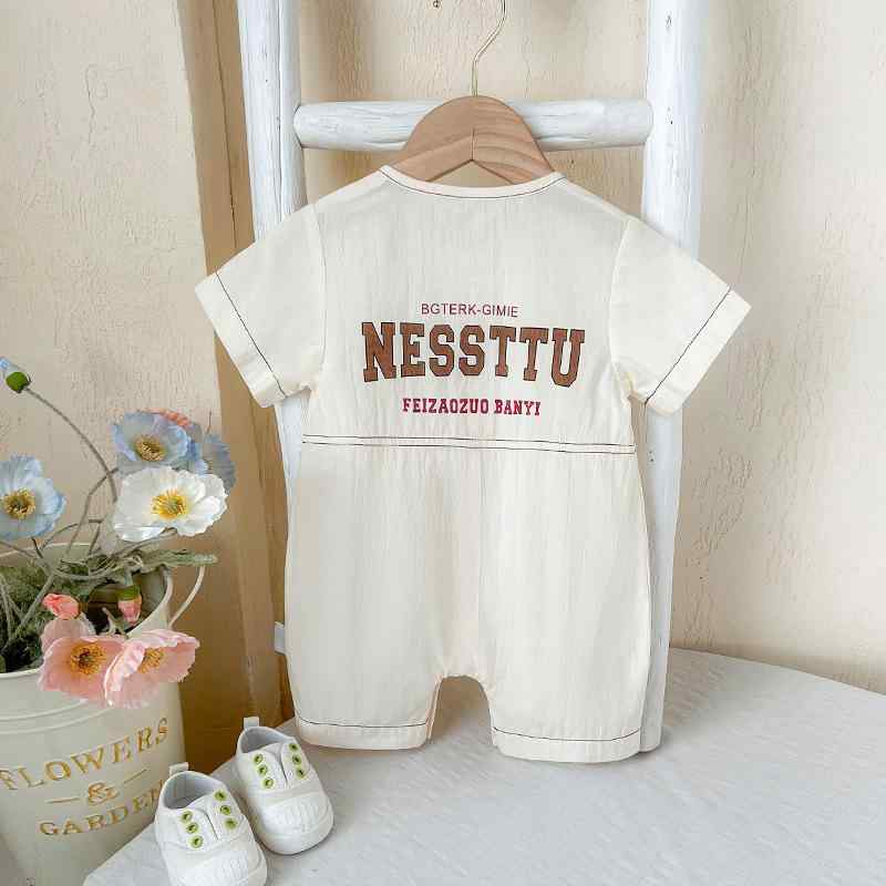 カバーオール ロンパース ベビー 男の子 新生児 半袖 夏 カバーオール 綿100% 薄手 韓国風 前開き スナップボタン ベージュ お出かけ 普段使い