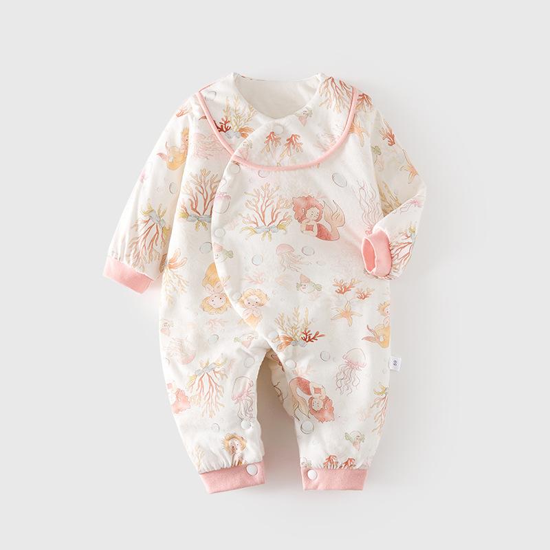 カバーオール ロンパース ベビー 赤ちゃん 子供用 つなぎ 中綿入り 厚手 肌に優しい 縫い目なし フラットシーム 斜め開き 前開き 長袖 綿100％ コットン カジュアル 普段使い お部屋着 秋冬春