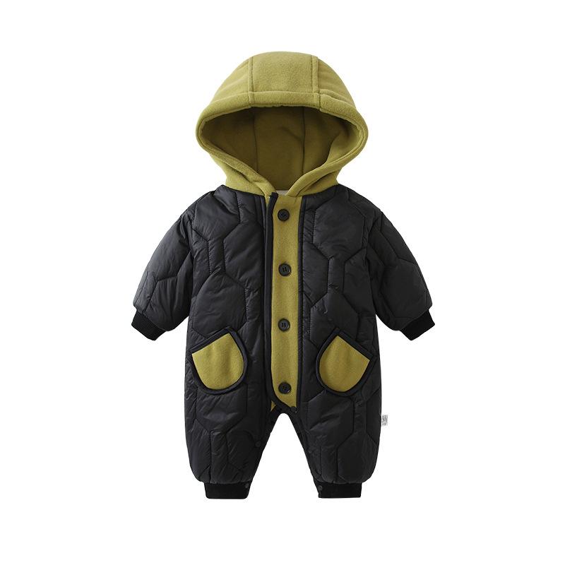 カバーオール ロンパース ベビー 新生児 男女兼用 フード付き 裏起毛 保温 あったか コットン 綿 長袖 前開き ボタン留め 韓国風 お出かけ 秋冬 黒