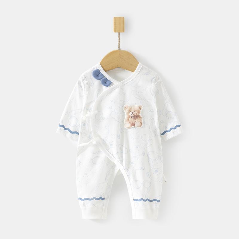 カバーオール ロンパース ベビー 新生児 接触冷感 綿混 薄手 春夏 吸湿速乾 肌触り バタフライ つなぎ 部屋着 長袖 前開き 斜め襟 紐留め 男女兼用 くま柄 リボン柄 ブルー グリーン
