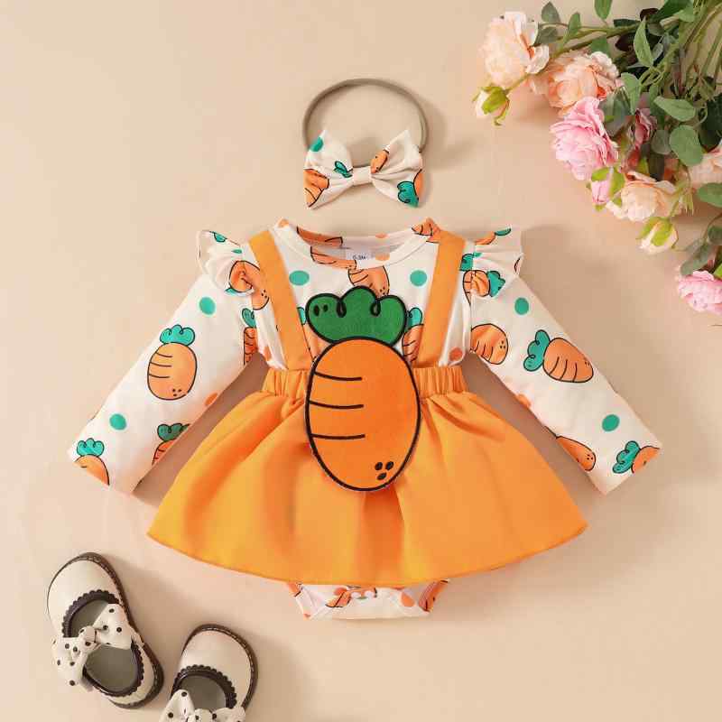 ロンパース ベビー 女の子 新生児 春秋 イースター 長袖 フェイクサロペット ニンジン柄 三角タイプ か..