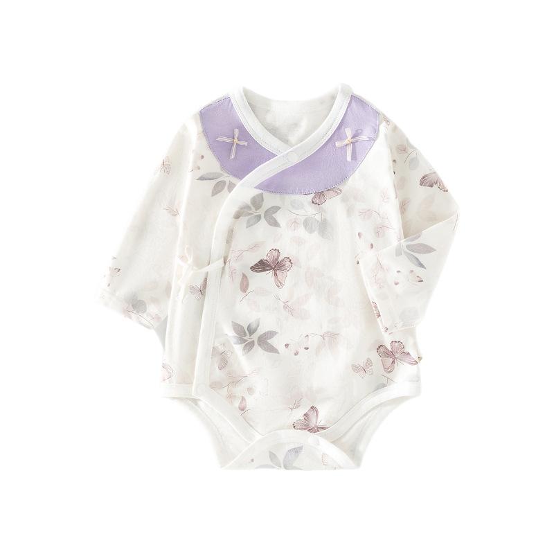 ロンパース ベビー 新生児 男の子 女の子 春夏用 接触冷感 コットン 薄手 吸湿速乾 無骨縫製 ボディスーツ カバーオール 肌着 三角ロンパース 花柄 蝶柄 斜め襟