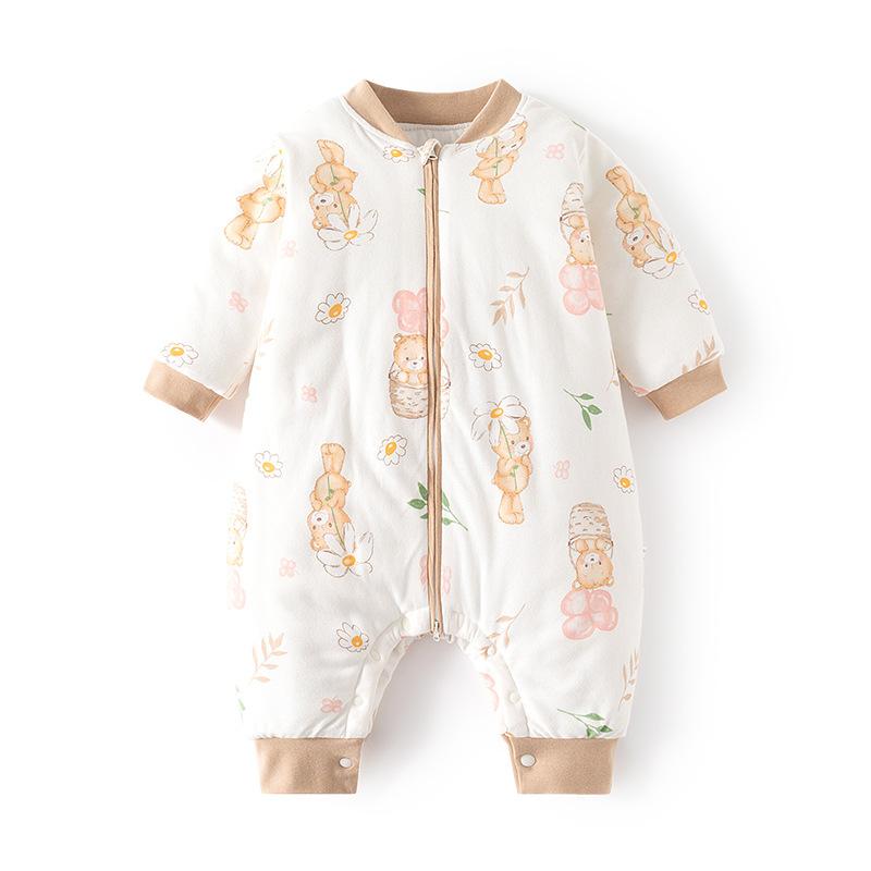 カバーオール スリーパー ベビー 新生児 幼児向け 温度調整 恒温機能 春秋冬 中綿入り 厚手 防寒 分離足 足つき ファスナー開閉 蹴り防止 寝冷え対策 コットンポリエステル素材 パジャマ 寝間着 多機能