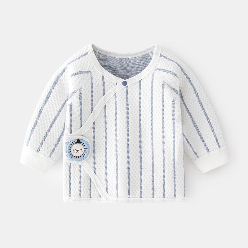 ・安全基準: Aクラス・性別: 男女兼用・対象年齢: 新生児（0～1歳）・主な素材: 綿100%・スタイル: カーディガン・フード: なし・ネックライン: クルーネック・デザイン要素: ストライプ、キャラクター、キュート、配色・生地加工: ピーチスキン加工、柔軟加工・着用シーズン: 春、秋・カラー展開: ブルー、イエロー、ピンク・サイズ: 59cm