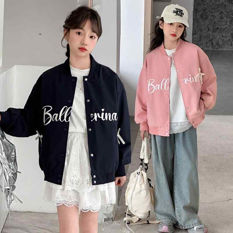 スタジャン 女の子 キッズ ジュニア 春秋 韓国風 カジュアル ブルゾン アウター ロゴ刺繍 ショート丈 ..