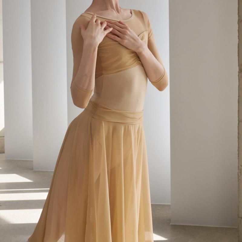 ダンスウェア レディース ボディスーツ 半袖 メッシュ 再生繊維 背中開き アプリコット ベージュ エレ..