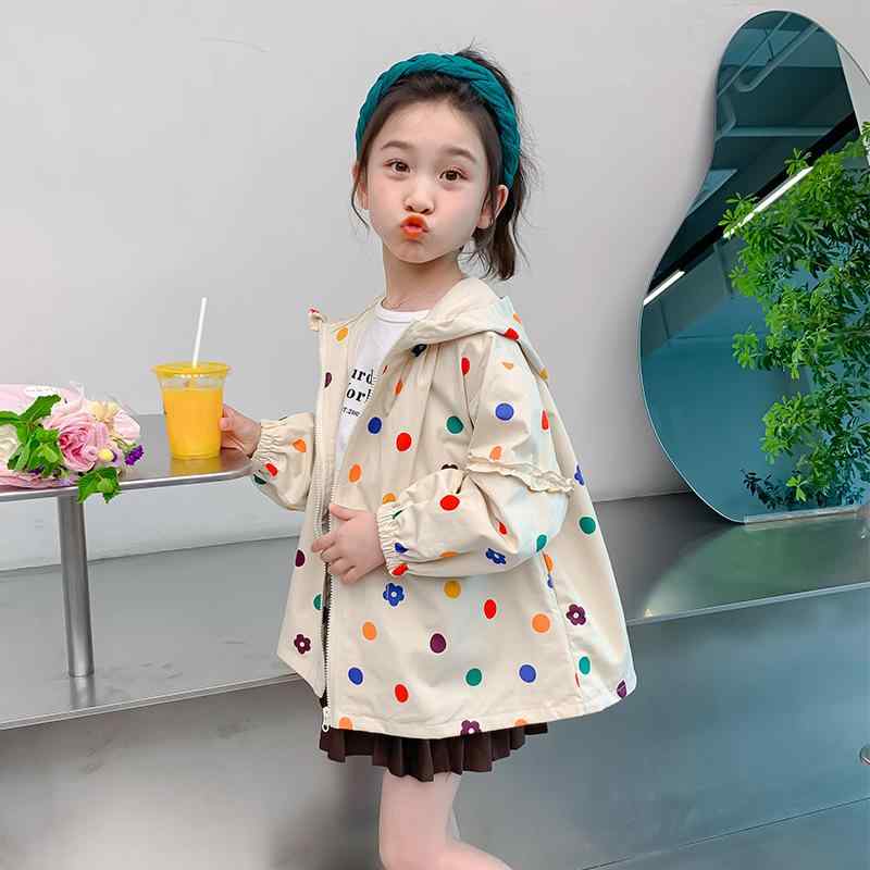 ジャケット キッズ 女の子 ベビー 春秋 フード付き ショート丈 丸襟 ジップアップ 長袖 ドット柄 おし..