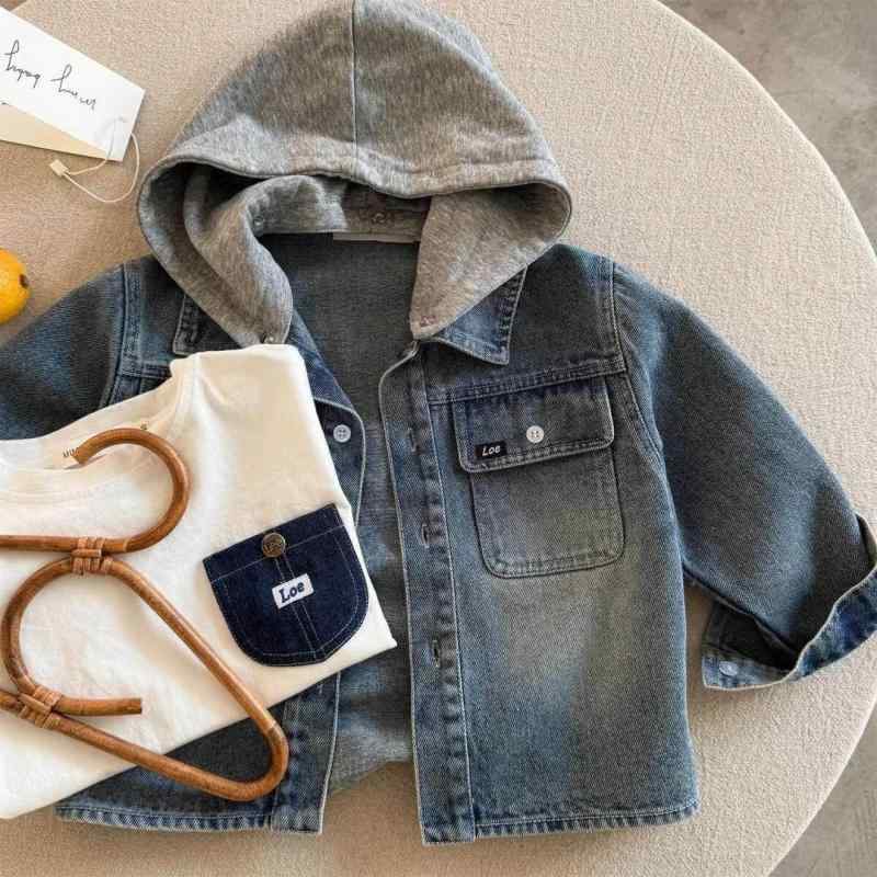 デニムジャケット キッズ ユニセックス 春秋 フード付き 長袖 ミドル丈 綿100% カジュアル アウター 柔..