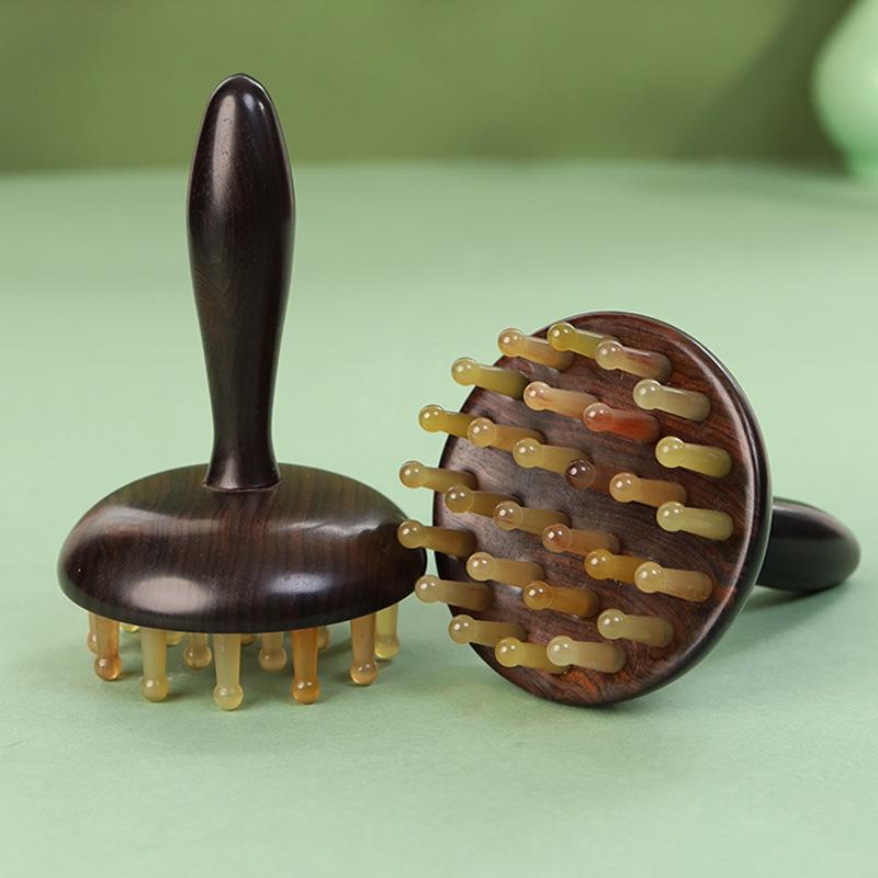 マッサージブラシ 紫光檀 羊角 コーム 櫛 頭皮 肩 首 お腹 全身用 かっさ 経絡マッサージ 血行促進 デ..