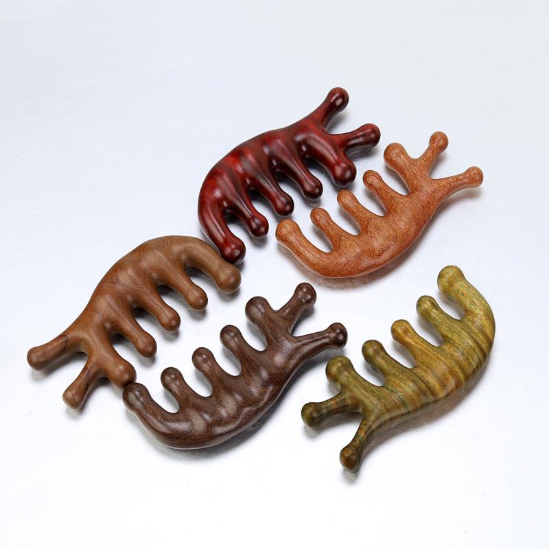 マッサージコーム 美髪ブラシ 檀木製 サテン光沢紫檀 多機能 七歯 頭皮ケア 肩 首 全身用 経絡ケア 刮痧 ツボ押し リフレッシュ 血行促進