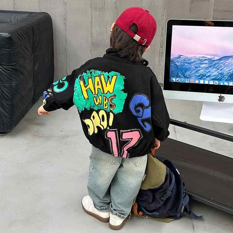 ジャケット 男の子 キッズ 綿 コットン グラフィティ ストリート系 春秋 ブルゾン アウター 柔らかな肌..