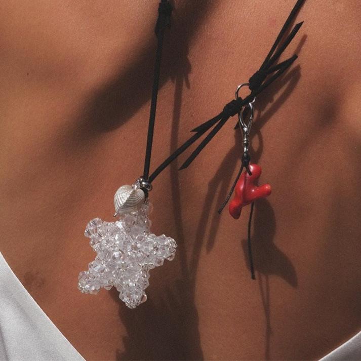 ネックレス レディース 欧米風 マリンテイスト シェル 巻貝 星 土星モチーフ 個性的 ビーズ コード ロング ペンダント チャーム カジュアル 春夏 ハンドメイド(4)