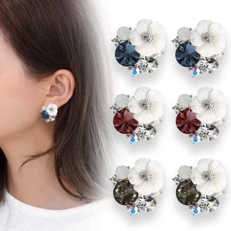 ピアス イヤリング 耳飾り レディース 韓国ファッション シェル 花モチーフ クリスタルストーン 個性的..