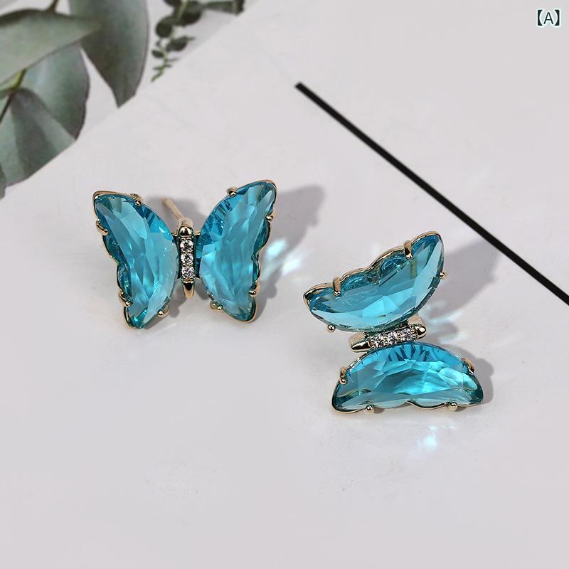 花りぼんのピアス レディース 日韓風 スイート フェミニン 上品な 小ぶり クリスタル 蝶 バタフライ 透明感 合金製 カラフル ライトブルー ピンク パープル ホワイト グリーン 秋冬 イヤリング スタッドピアス｜アングル2