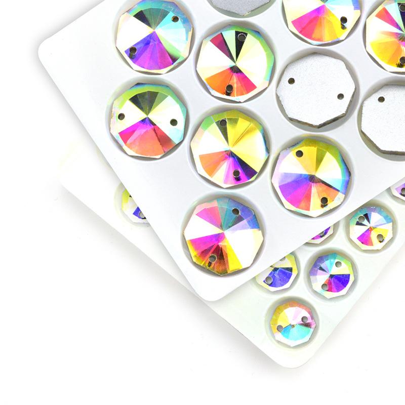 ラインストーン 円形 八角形 ABカラー フラットバック 両穴 手縫い ガラス製 電気メッキ加工 白 キラキラ輝く DIY 手芸パーツ 装飾材料 デコレーション小物