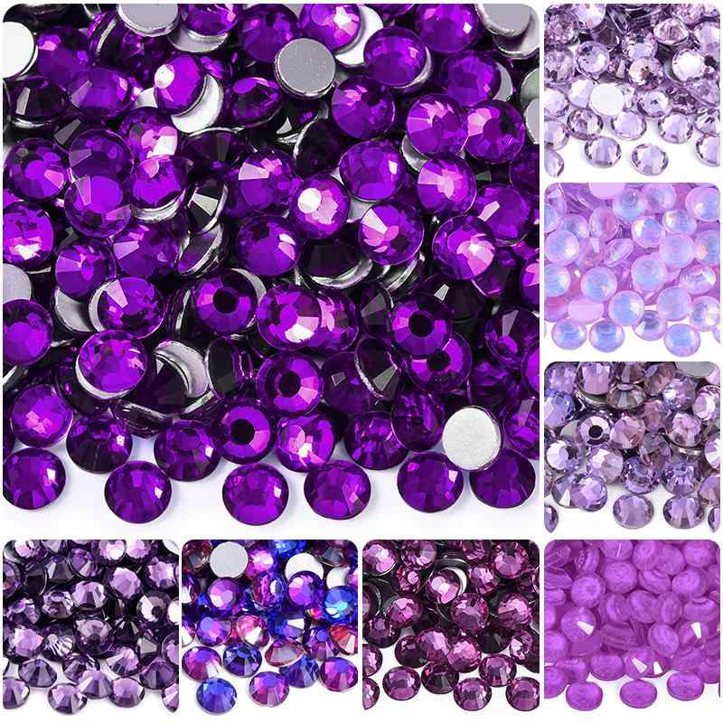 ネイルパーツ パープル ガラス クリスタル 平底 丸型 ラインストーン 夜光 ネオン オーロラ DIY ハンド..