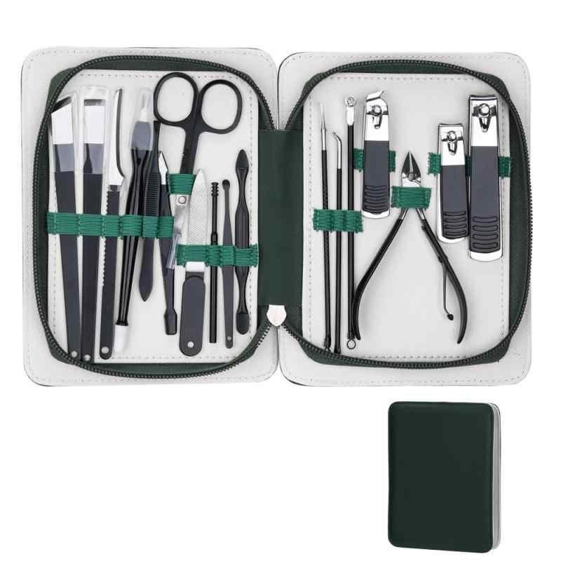 ネイルケアセット 18点 多機能 爪切り 甘皮ニッパー フットケアツール グリーン 革製ケース 収納 携帯用 炭素鋼 高品質