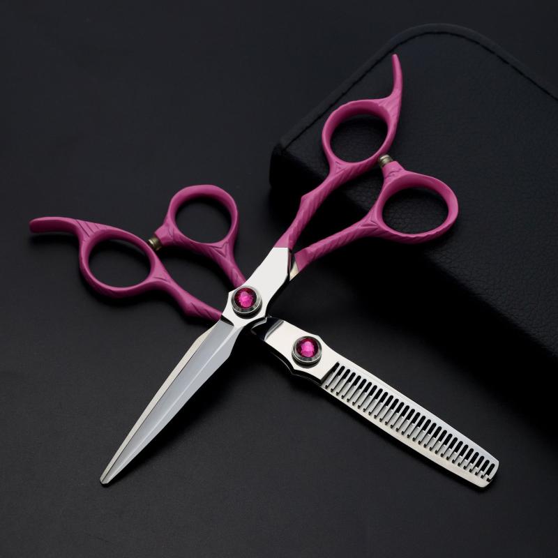 ヘアーシザー プロ用 ピンク テフロン加工 宝石調ハンドル 高級感 理髪はさみ 工具鋼製 精密研磨 ストレートシザー 美容師向け ヘアカット サロン 自宅用