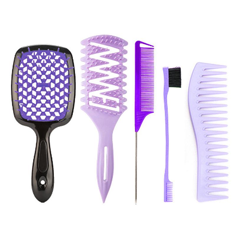 ヘアブラシセット 女性用 普段使い 乾湿両用 スタイリング マッサージ 多機能 薄紫色 プラスチック製 美髪 ヘアケア 携帯 5点セット(x2)