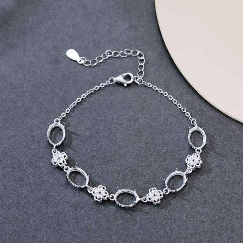 楽天花りぼんブレスレット 空枠 はめ込み 男女兼用 S925 シルバー ホワイトゴールドメッキ 卵型 四つ葉のクローバー モチーフ 繊細 上品 高級感 シンプル ファッション 通勤 オフィス 普段使い