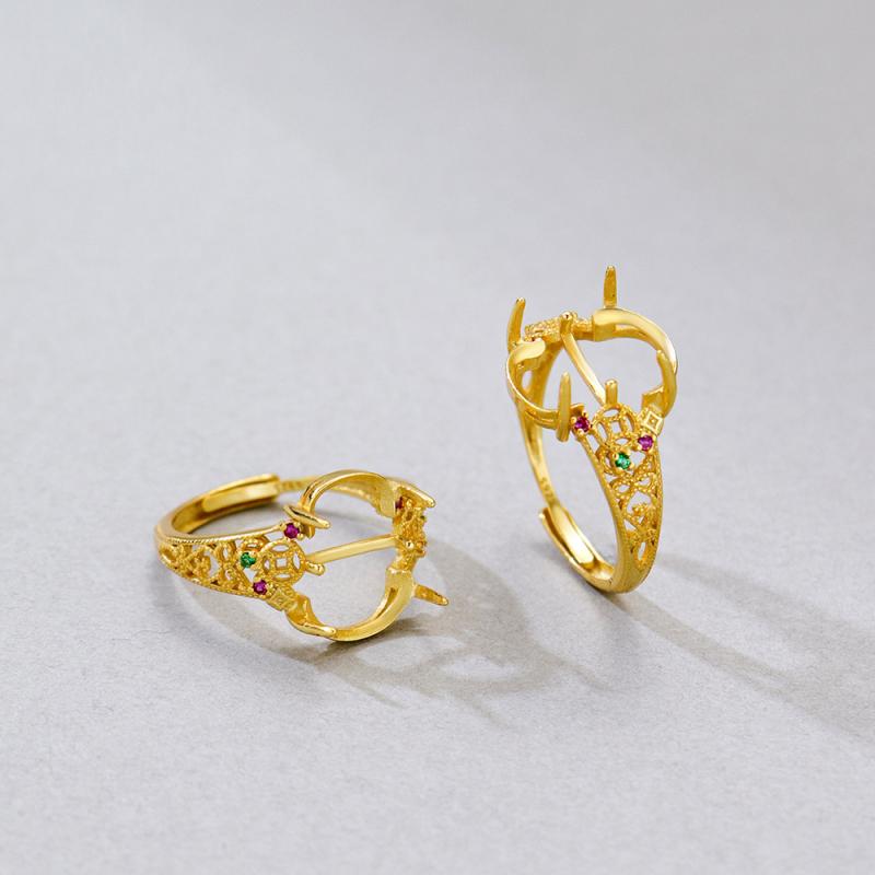 指輪 リング レディース S925純銀 シルバー925 ゴールドメッキ 貔貅 爪留め 空枠 石なし 未セッティング サイズ調整可能 フリーサイズ 上品 エレガント おしゃれ 大人カジュアル ファッション 通勤