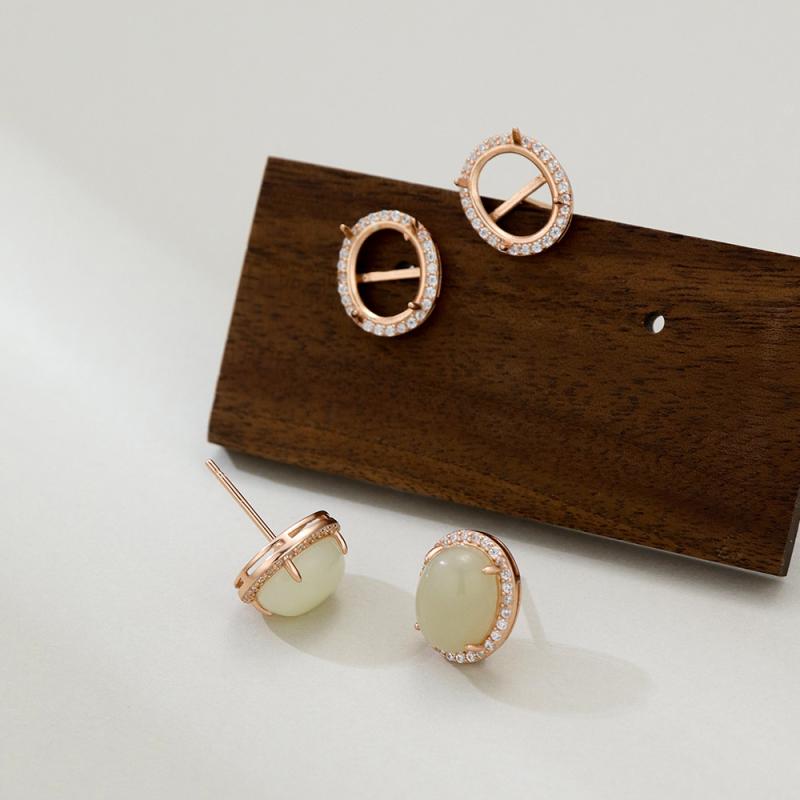 ピアス DIY 空枠 レディース S925純銀 フルパヴェ ジルコニア オーバル ローズゴールド 電気メッキ加工 豪華 エレガント 上品 クラシカル オフィス 普段使い