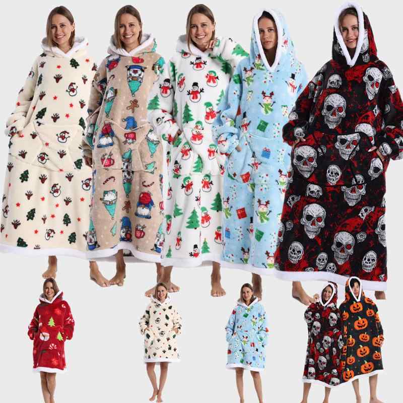 着る毛布 男女兼用 フード付き ボア 極厚 オーバーサイズ ゆったり 防寒 保温 暖かい ルームウェア 部屋着 パジャマ 秋冬 快適 ワンマイルウェア ポリエステル ニット アニマル柄 キャラクター柄 かわいい