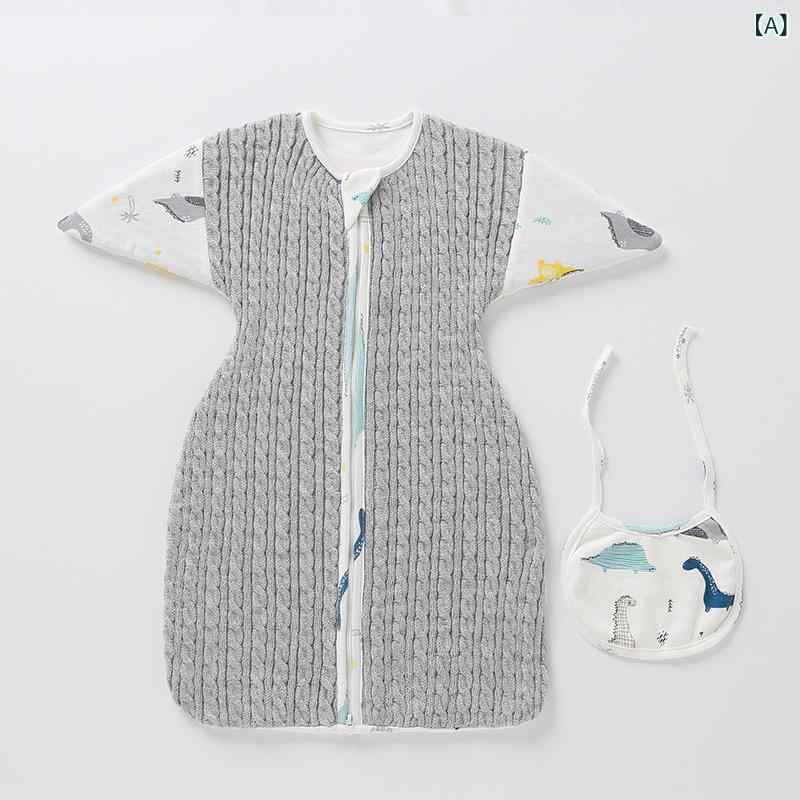 ベビー スリーパー 赤ちゃん用 寝袋 秋冬 切り替え ニット 綿100% 厚手 寝冷え防止 指しゃぶり防止 袖付き ファスナー 繭型 コクーン型 グレー カーキ 恐竜 動物 2