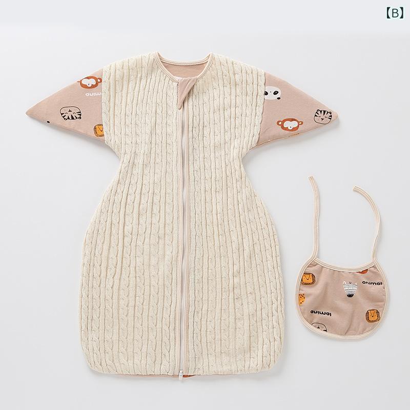 ベビー スリーパー 赤ちゃん用 寝袋 秋冬 切り替え ニット 綿100% 厚手 寝冷え防止 指しゃぶり防止 袖付き ファスナー 繭型 コクーン型 グレー カーキ 恐竜 動物 3