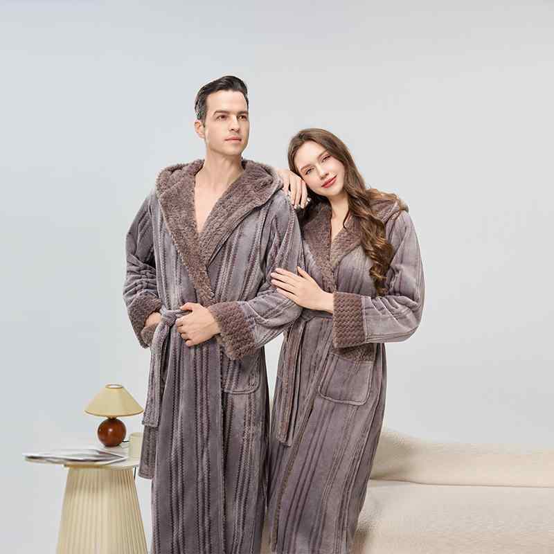 バスローブ 男女兼用 カップル ペア フード付き ロング丈 極厚 フランネル ポリエステル 保温 快適 ゆ..
