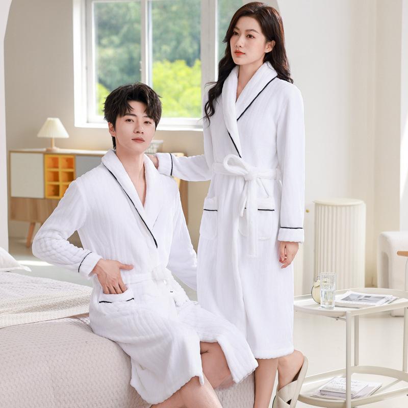 バスローブ カップル 男女兼用 フランネル サンゴフリース ポリエステル ホテル仕様 厚手 Vネック ミドル丈 オフホワイト ゆったり 大きいサイズ 部屋着 ルームウェア 寝間着 通年