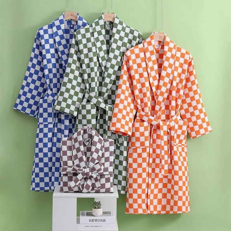 バスローブ 男女兼用 カップル 純綿 コットン 厚手 二重 ワッフル生地 市松模様 吸水 速乾 快適 ホテル..