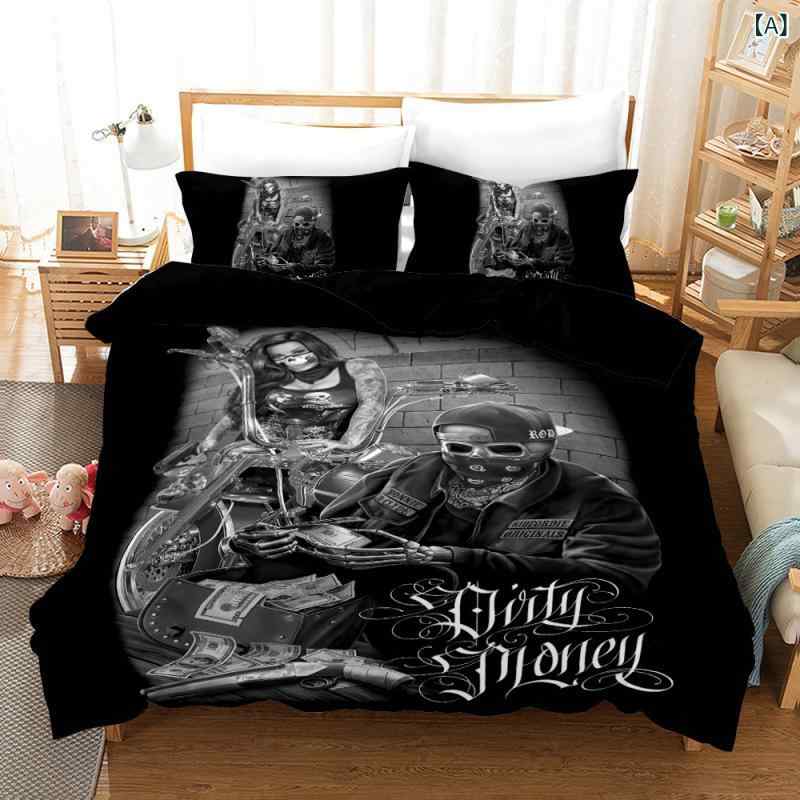 布団カバー メンズ スカル バイク ゴシック ダーク デジタルプリント ピーチスキン なめらか クール 枕カバー 3点セット