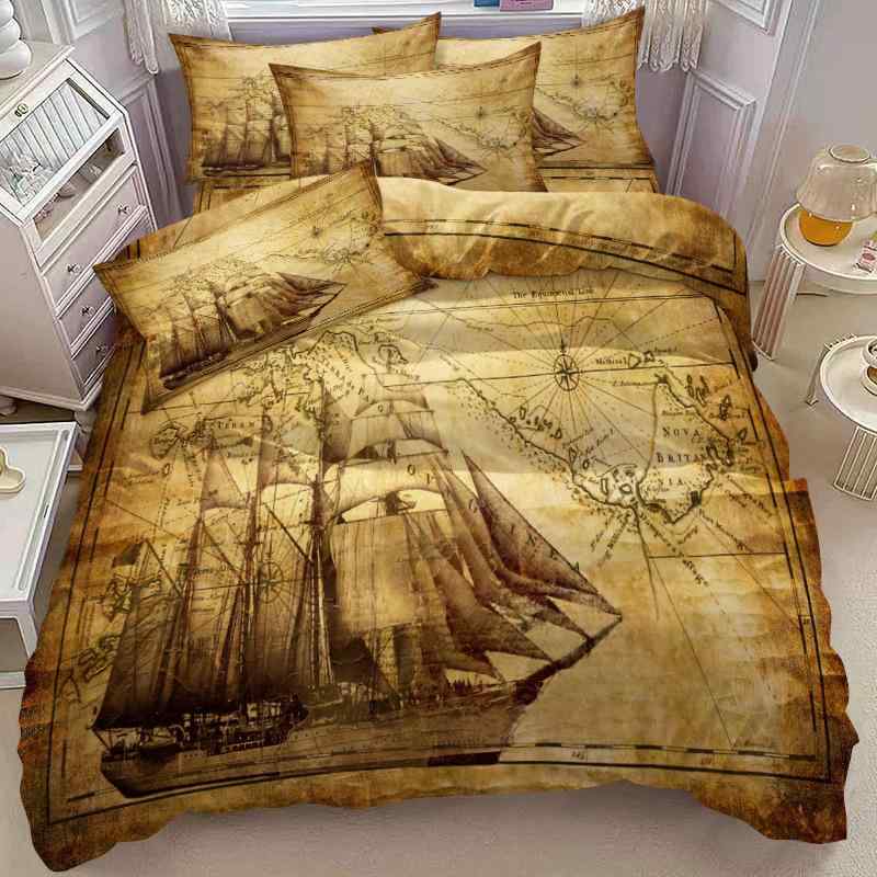 布団カバー デジタルプリント 帆船 ヨット マリン柄 ピーチスキン加工 寝具 掛け布団カバー 枕カバー 3..