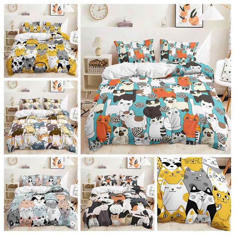布団カバー 3点セット 猫 犬 動物 イラスト デジタルプリント 枕カバー ポリエステル ピーチスキン加工..