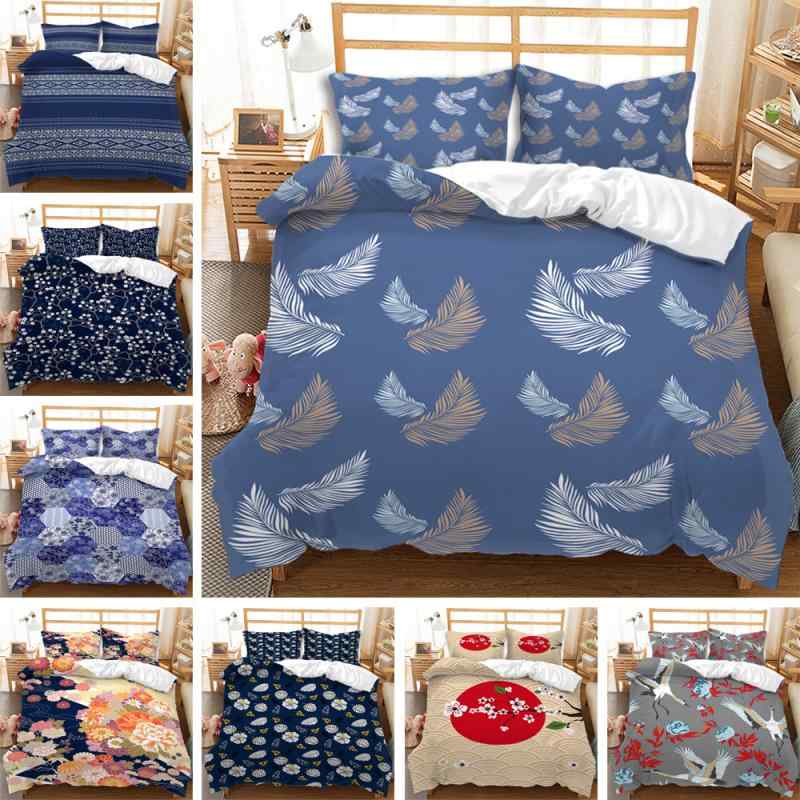 寝具 布団カバー 掛け布団カバー 3点セット 和モダン 和風 花柄 フラワー ブルー系 青 デジタルプリン..