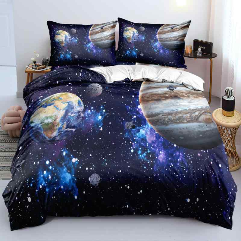 寝具 布団カバー シーツ 枕カバー 3点セット 宇宙デザイン 星デザイン キャラクター ポリエステル綿 フランネル 起毛素材 あったか 快適 柔らかな肌触り イエロー