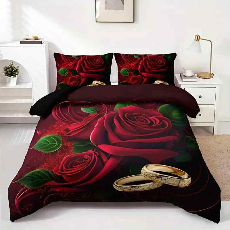 布団カバー 3点セット ロマンチック 赤いバラ 指輪柄 3D 高精細 デジタルプリント ポリエステル 化繊 洗える 快適 快眠 現代的 シンプ..