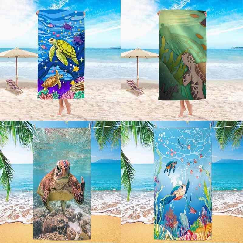 ビーチタオル マイクロファイバー 正方形 海亀柄 プリント 大判 ビーチマット ビーチバスローブ 吸水速乾 夏 海水浴 プール レジャー アウトドア
