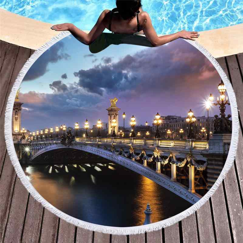 ビーチタオル 円形 特大 丸型 凱旋門 エッフェル塔 パリデザイン 3Dデジタルプリント マイクロファイバー 吸水 速乾 サマー 海水浴 プール レジャーシート(x2)