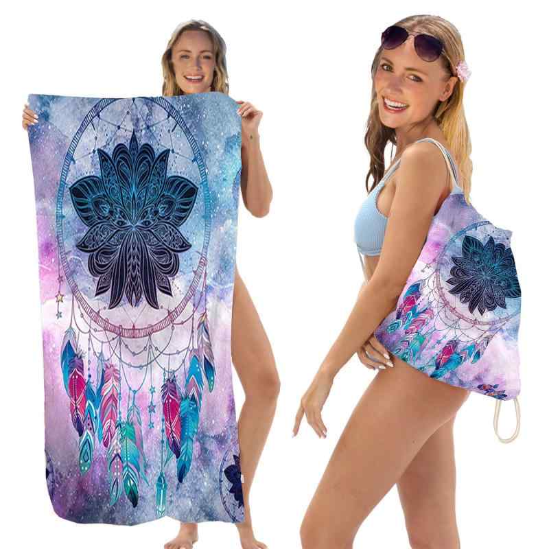 ビーチタオル マイクロファイバー 速乾 吸水 軽量 薄手 マンダラ 花柄 プリント コンパクト 折りたたみ..