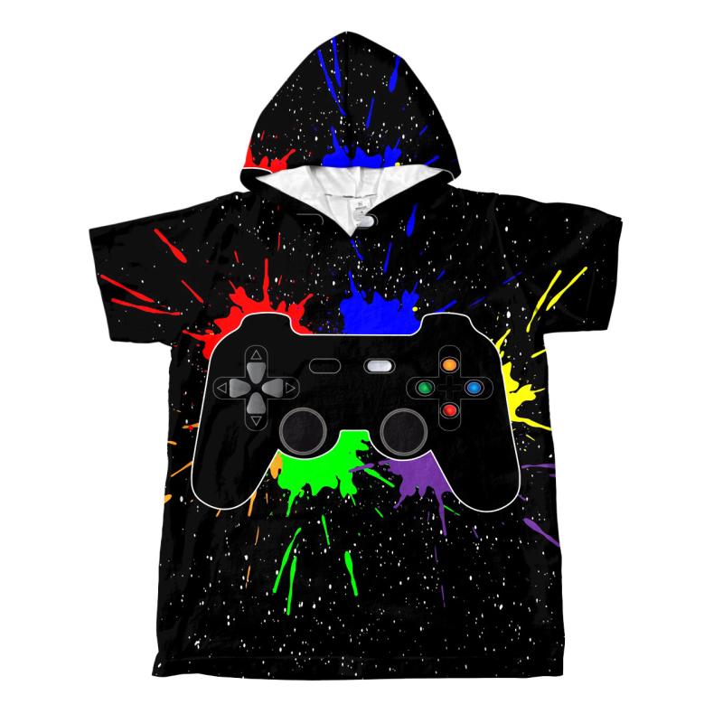 ポンチョタオル ユニセックス 大人 子供 ゲームコントローラー柄 フード付き 袖付き ポケット付き バス..