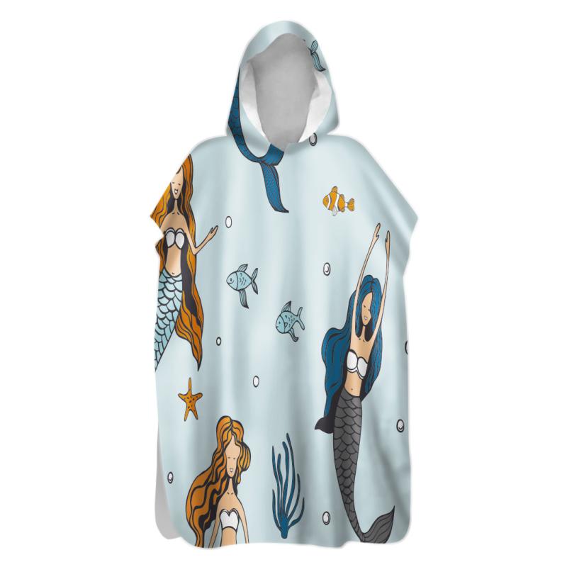 タオルポンチョ 吸水速乾 マイクロファイバー 両面フリース フード付き マーメイド バスローブ ダイビング スイミング マリンスポーツ アウトドア 防寒 保温 着替え(x2)