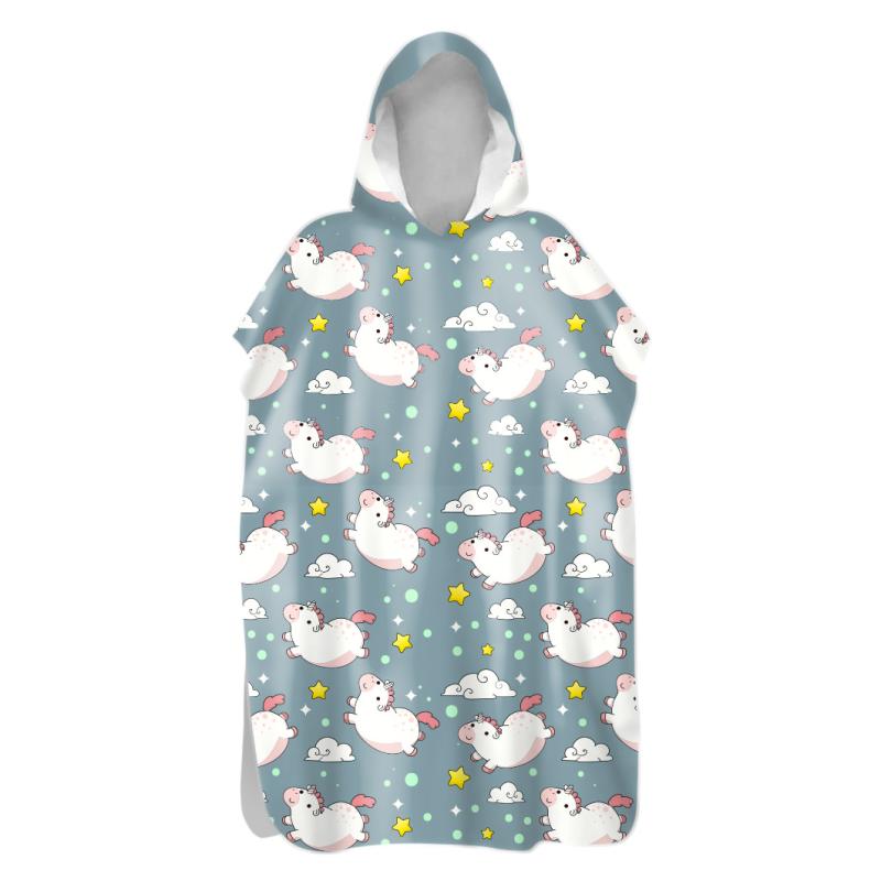 ポンチョタオル 子供 キッズ ユニコーン キャラクター 速乾 フード付き 両面フリース マイクロファイバ..