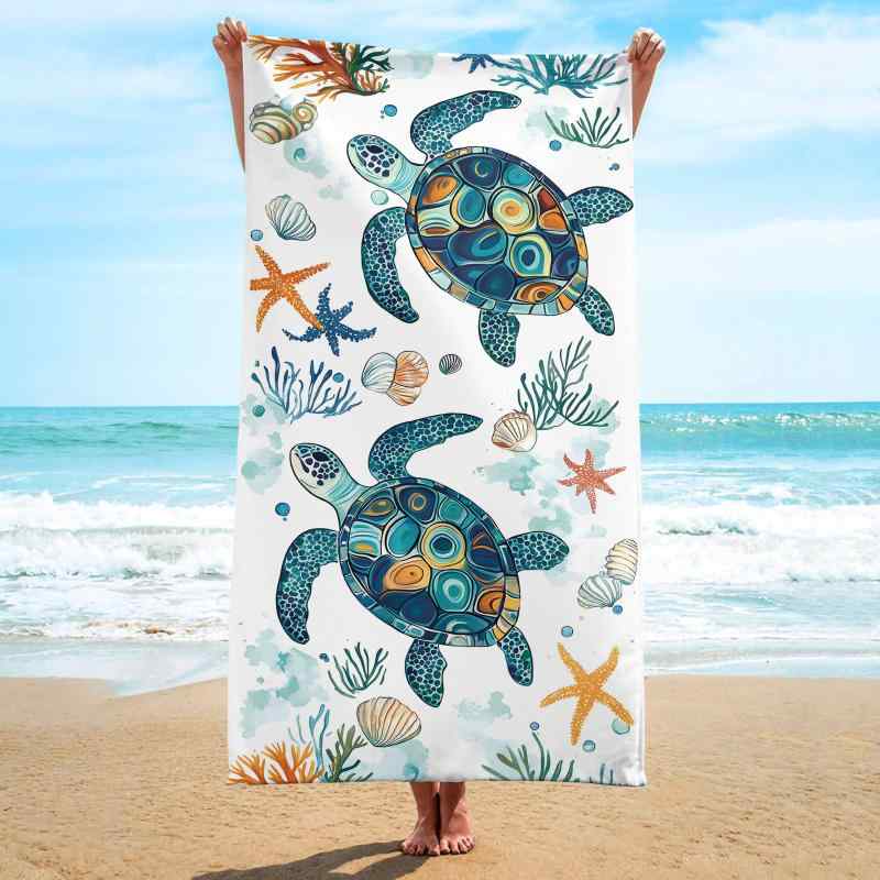 ビーチタオル マイクロファイバー スクエア 大判 ショール ウミガメ柄 吸水速乾 速乾性 軽量 コンパクト プール 海水浴 レジャー 旅行 アウトドア バスタオル(x2)