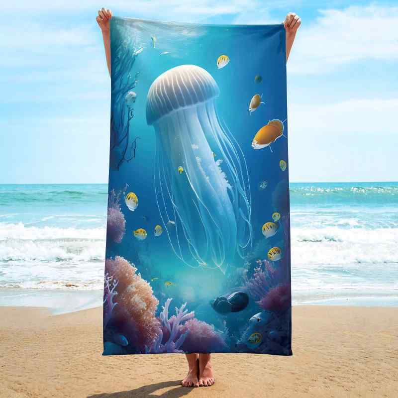 ビーチタオル 超極細繊維 マイクロファイバー 正方形 スクエア バスタオル ショール ひざ掛け クラゲ柄..
