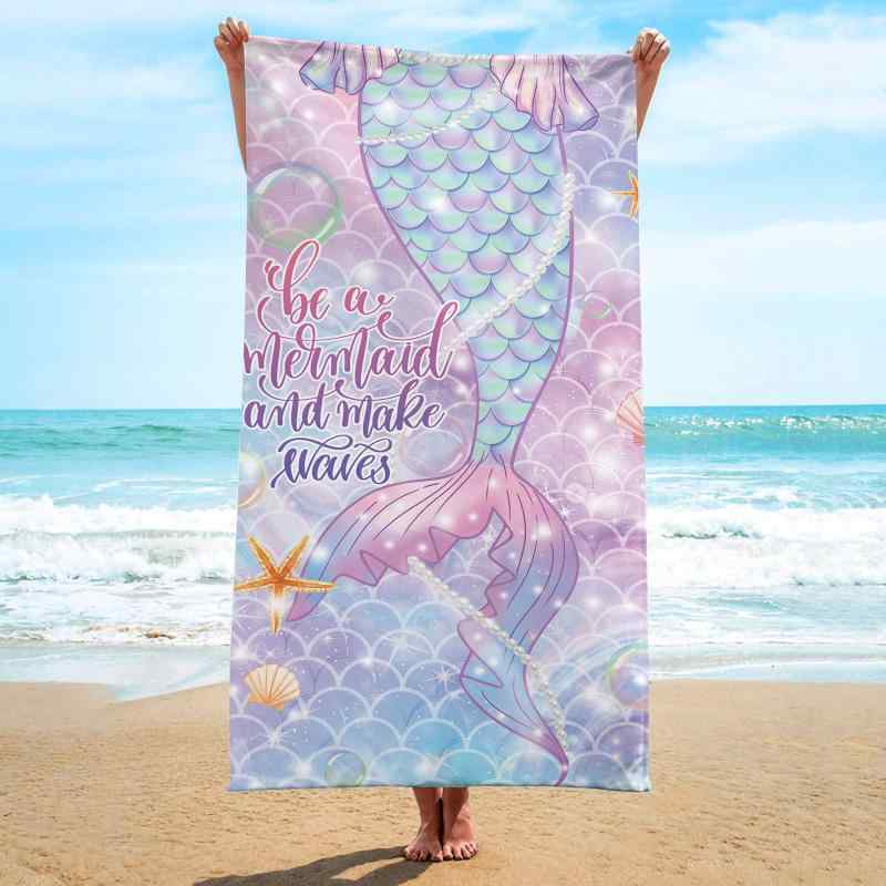 ビーチタオル マイクロファイバー 大判 超吸水 速乾 人魚柄 マーメイドデザイン 正方形 海水浴 プール レジャー ショール 羽織(x2)