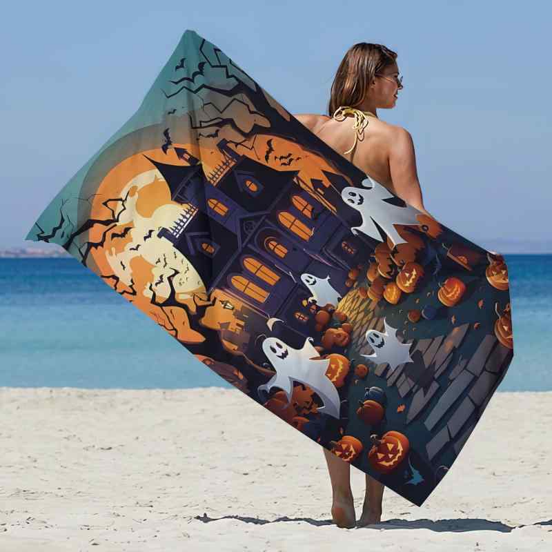 ビーチタオル バスタオル マイクロファイバー ポリエステル ハロウィン柄 プリント 大判 軽量 吸水 速乾 柔らかい プール 海水浴 レジャー アウトドア スポーツ(x2)